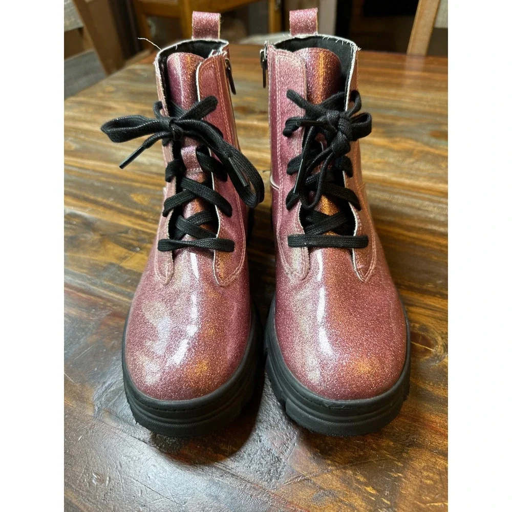 UGG Ashton Glitter Rose Pink Ankle‎ Boots Lace Up Zip Lug Sole 1151571K Kids 6